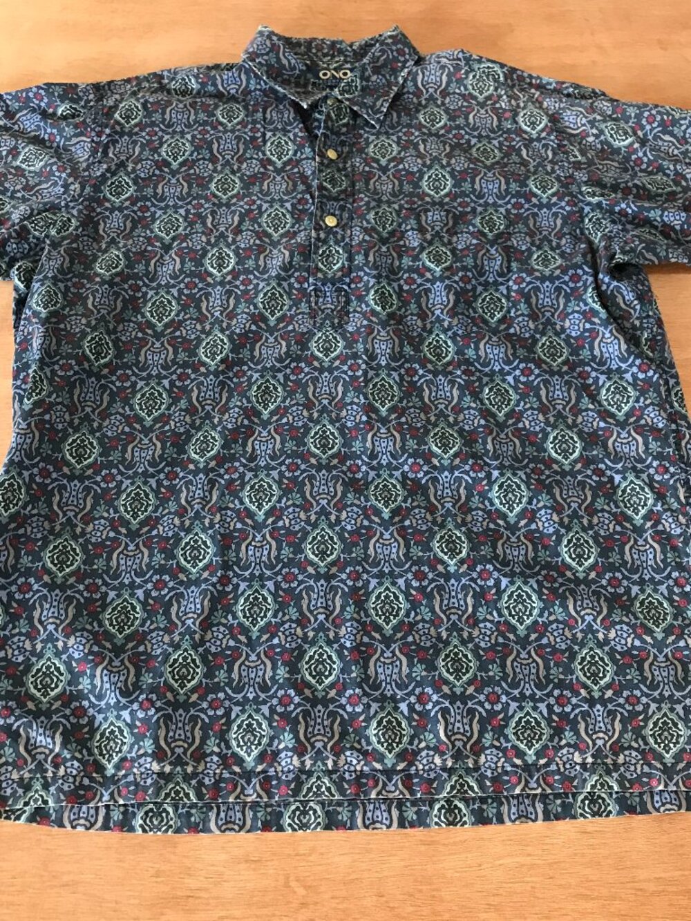 Ono Shirts Men L Blue Floral 1/4 Button Up Pullover Short Sleeve Collared Pocket